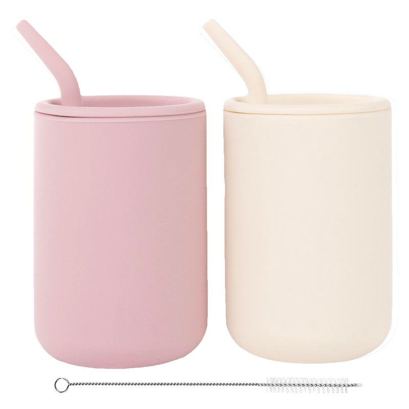 WeeSprout Silicone Baby Cups With Straws and Lids, 4 & 8 oz Options, Set of 2, Food Grade Toddler Training Container, Built In Straw Stoppers, Measurement Markings, Dishwasher Safe + Straw Cleaner - Image 1